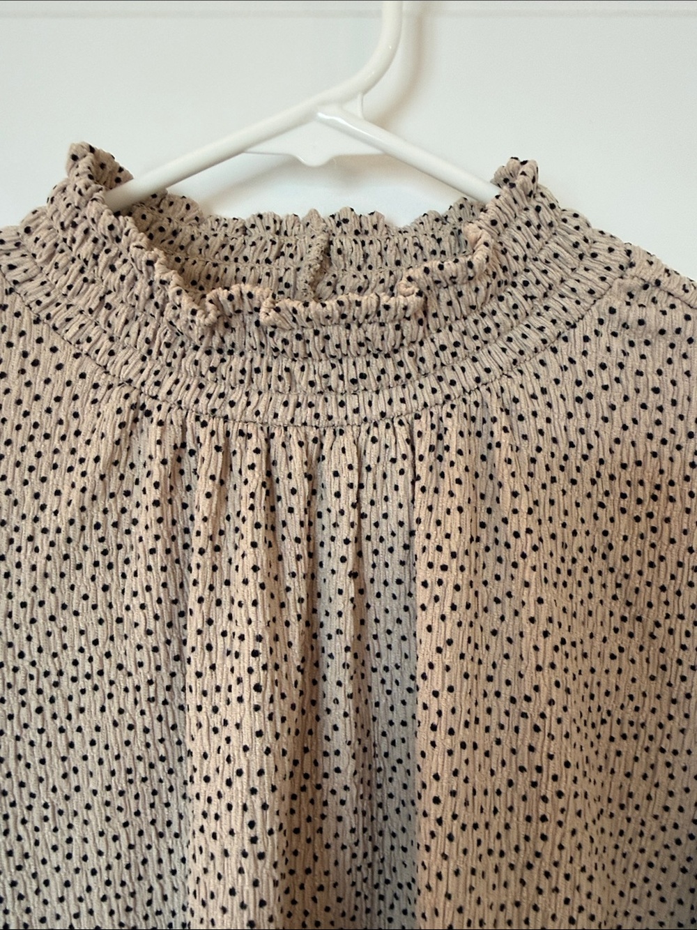 LOFT Beige Blouse with Black Dot Print and Smocked Neck - Picture 2 of 4